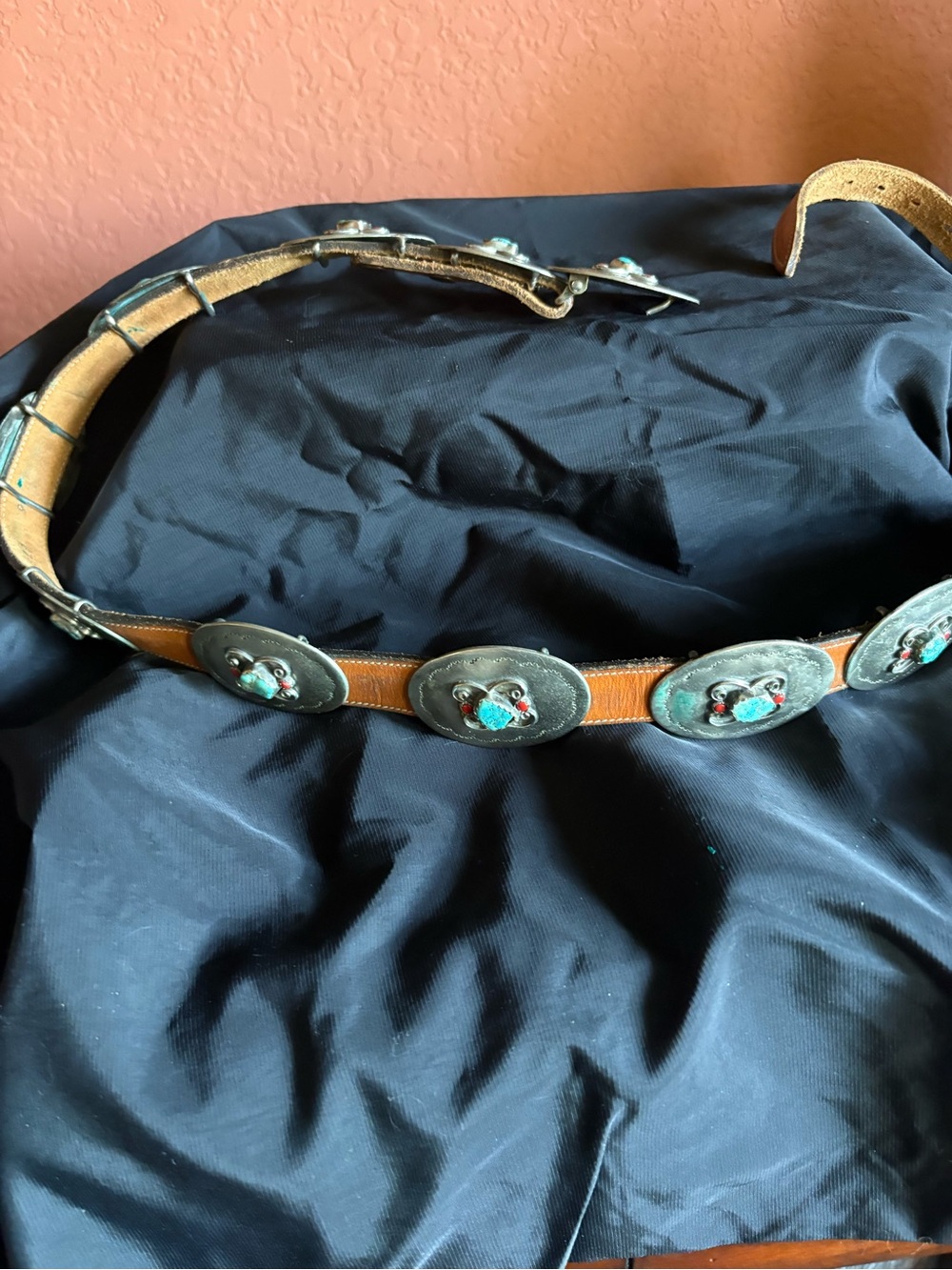 Source Unknown Brown Leather Belt with Turquoise and Silver Conchos
